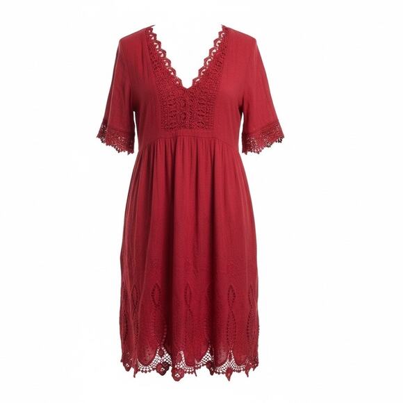 Sundance Dresses & Skirts - Sundance Boho Embroidered Cotton Mini Dress Burgundy V-Neck Medium Cottage Folk